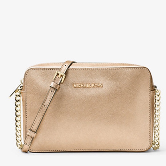 •MICHAEL KORS•GOLD METALLIC JET SET TRAVEL LARGE SAFFIANO LEATHER CROSSBODY BAG - Picture 3 of 15